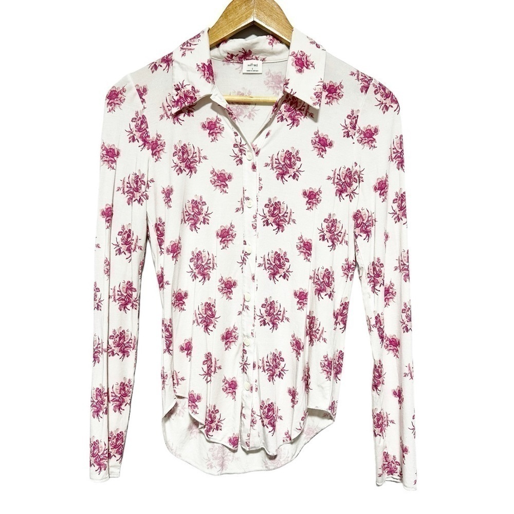 Aritzia Wilfred Floral Print Button Up Soft Stretchy Tencel Pink Top Size S